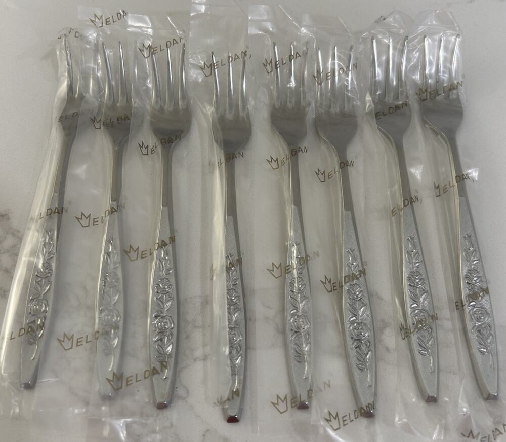 NEW Eldan ELD18 Set Of 8 Seafood Forks MAY ROSE Textured Roses Stainless Vtg MCM